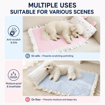 The Noblias cooling pet mat used on a sofa to stop scratching and on the floor to keep a pet off damp tiles.