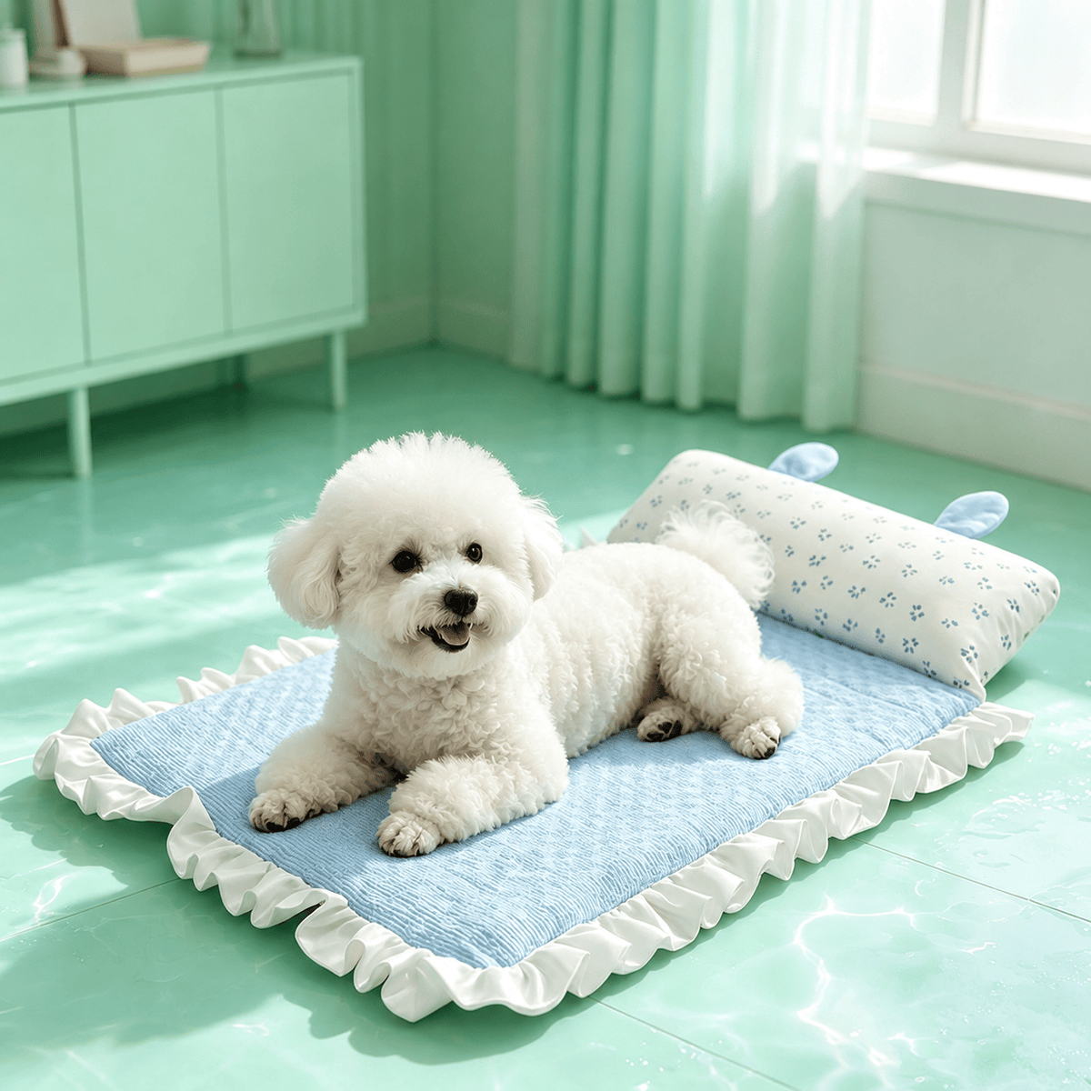 Bichon lying on the blue Noblias cooling pet mat with its frilled edge and rabbit ear bolster pillow.
