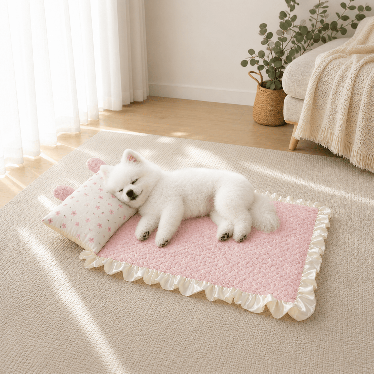 White dog stretched out on the pink Noblias cooling pet mat with the rabbit ear pillow at the top.