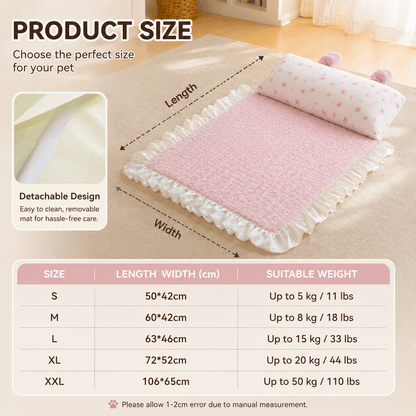 Size chart for the Noblias cooling pet mat from S at 50 by 42 cm for pets up to 5 kg to XXL at 106 by 65 cm for up to 50 kg.
