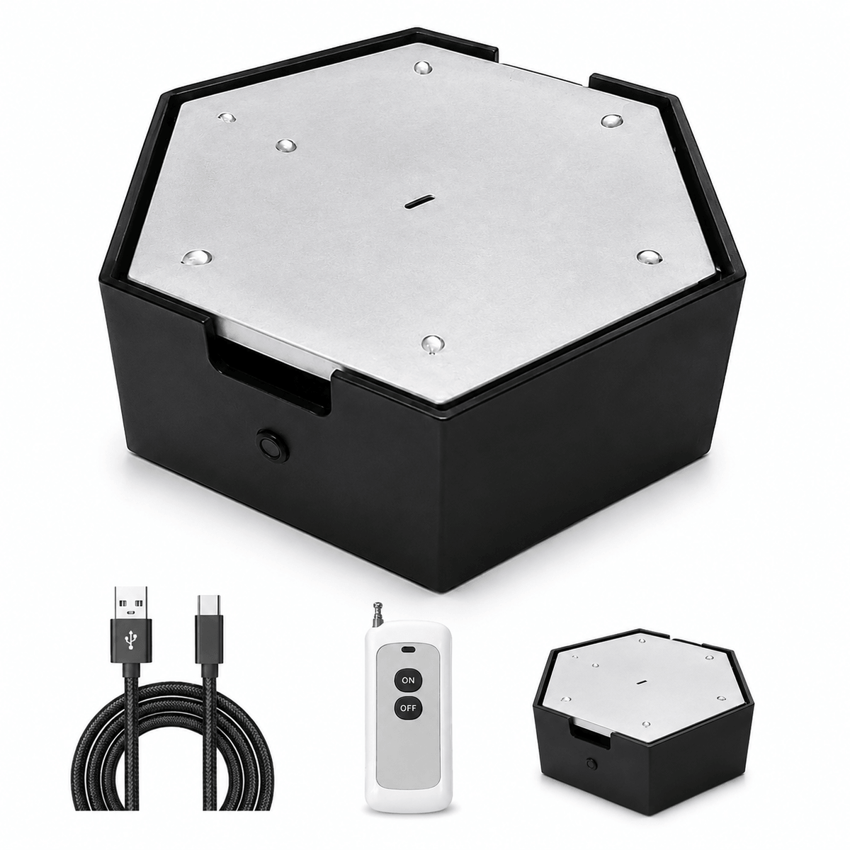 The black cordless cat water fountain shown on its own, with the brushed drip plate on top