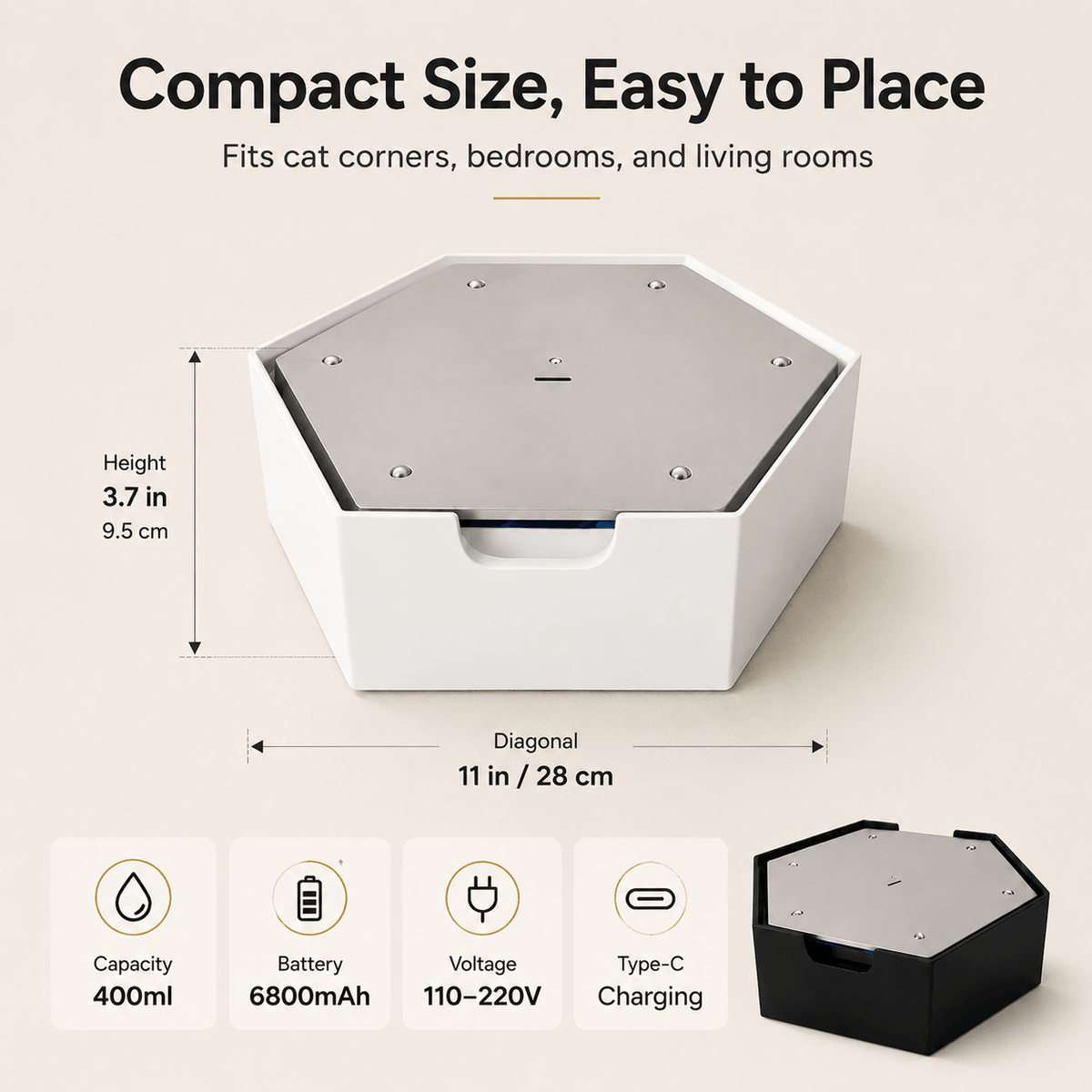 Compact size panel giving the 11 inch diagonal, 3.7 inch height, 400 ml capacity, 6800 mAh battery and Type-C charging