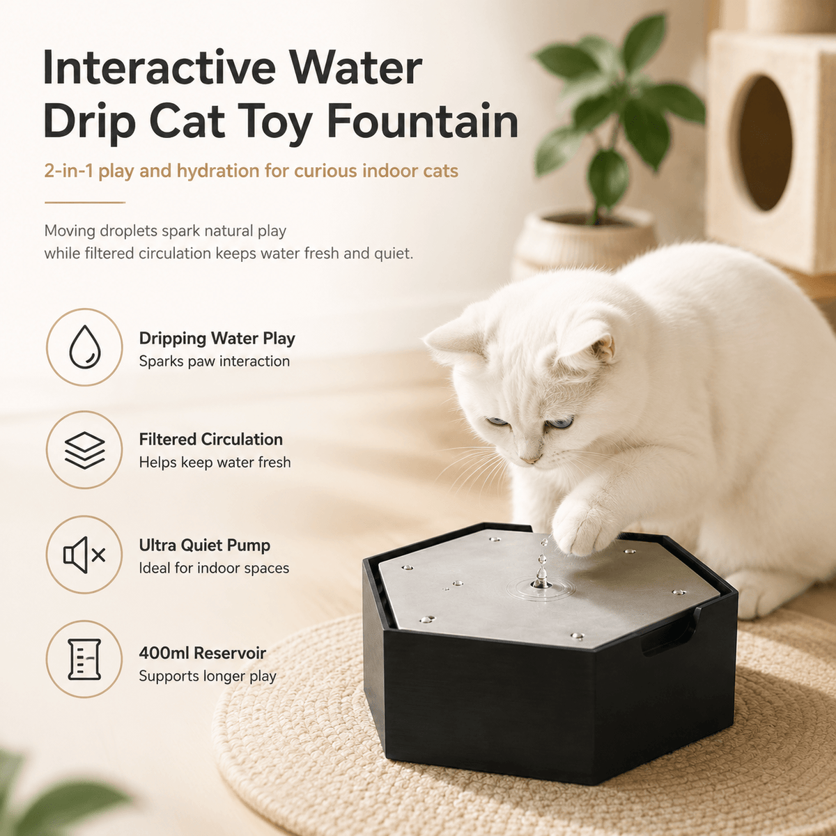 Feature panel naming dripping water play, filtered circulation, the ultra quiet pump and the 400 ml reservoir, with a cat pawing the surface