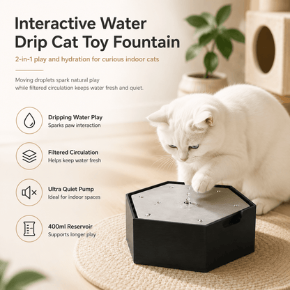 Feature panel naming dripping water play, filtered circulation, the ultra quiet pump and the 400 ml reservoir, with a cat pawing the surface