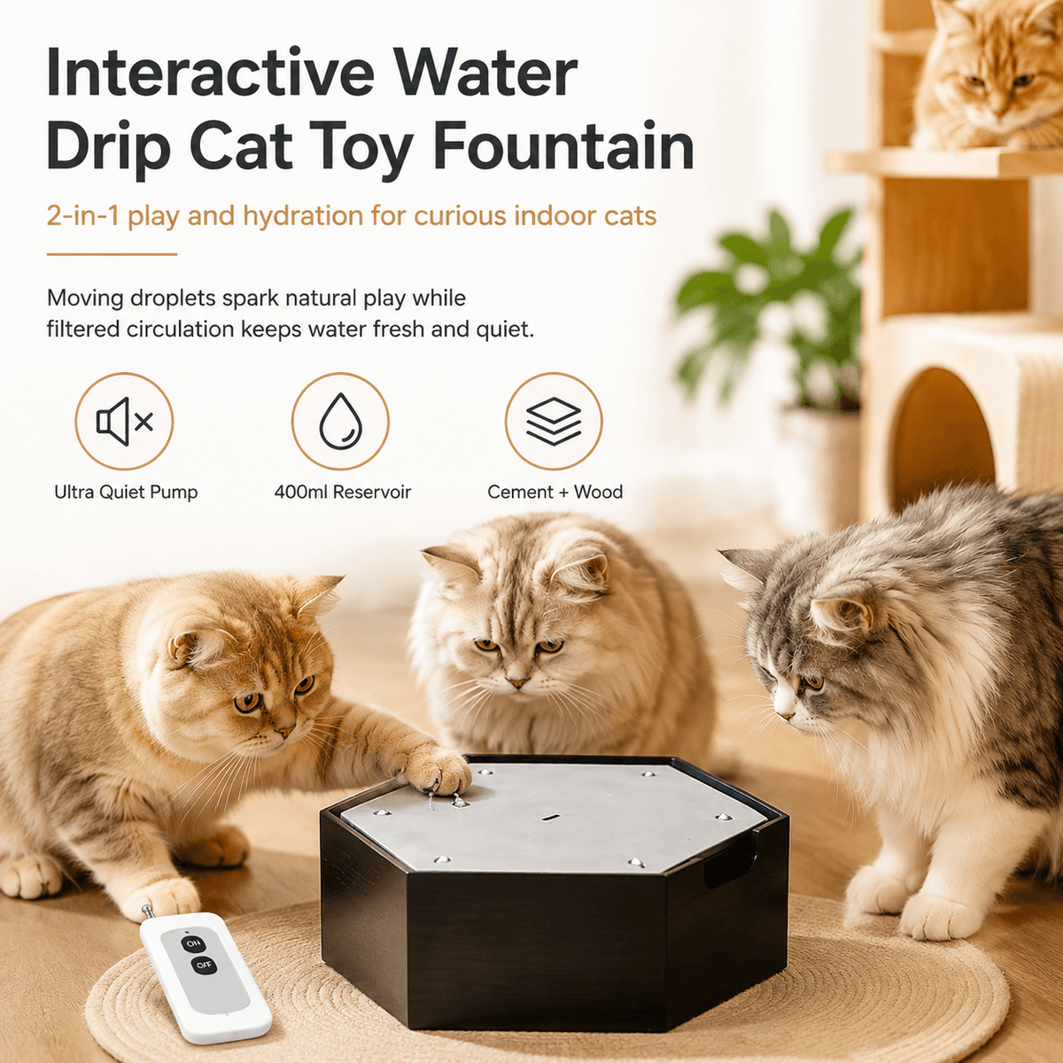 Three cats around the black fountain under a two-in-one play and hydration panel naming the ultra quiet pump, 400 ml reservoir and cement and wood body