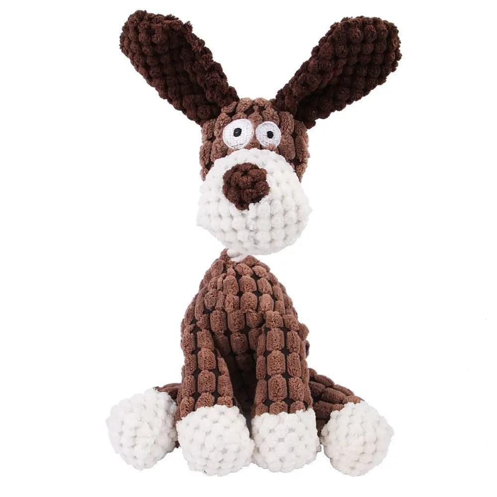 Brown dog design of the corduroy rope dog toy sitting on a white background.
