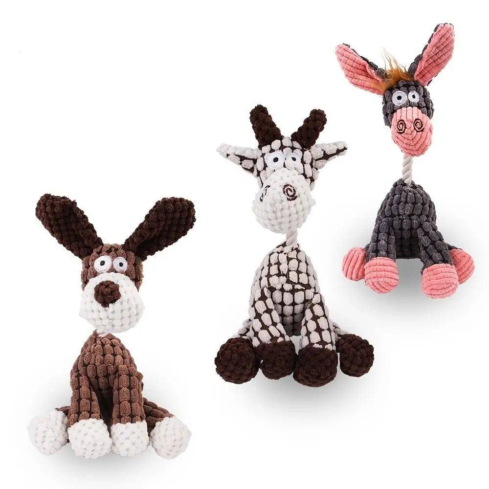 The three corduroy rope dog toy designs together: brown dog, black and white cow and gray donkey.