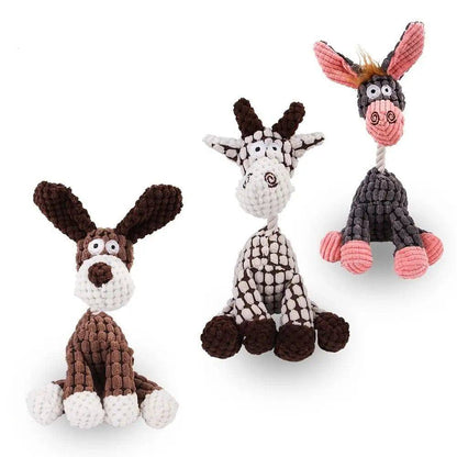 The three corduroy rope dog toy designs together: brown dog, black and white cow and gray donkey.