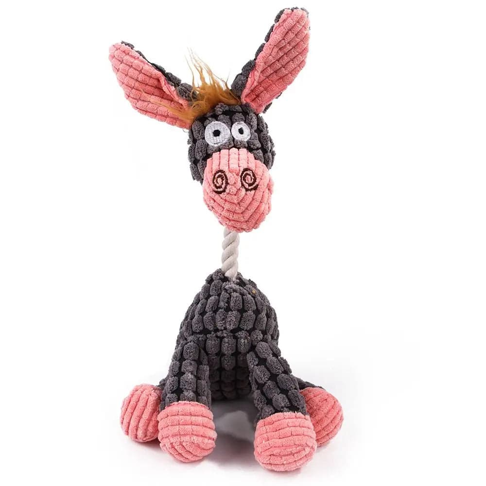 Gray donkey design of the corduroy rope dog toy with pink ears and hooves on a white background.