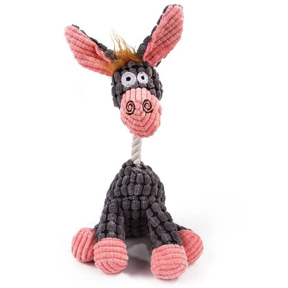 Gray donkey design of the corduroy rope dog toy with pink ears and hooves on a white background.