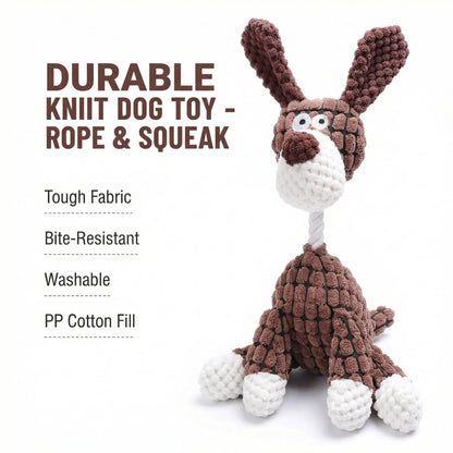 Brown corduroy rope dog toy with tough fabric, bite-resistant, washable and PP cotton fill callouts.