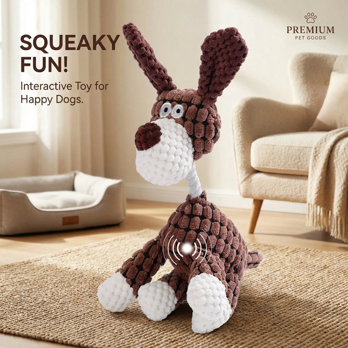 Brown corduroy rope dog toy sitting on a living room floor with a squeaker icon on its body.