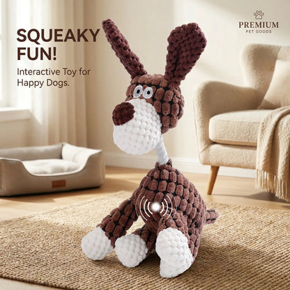 Brown corduroy rope dog toy sitting on a living room floor with a squeaker icon on its body.