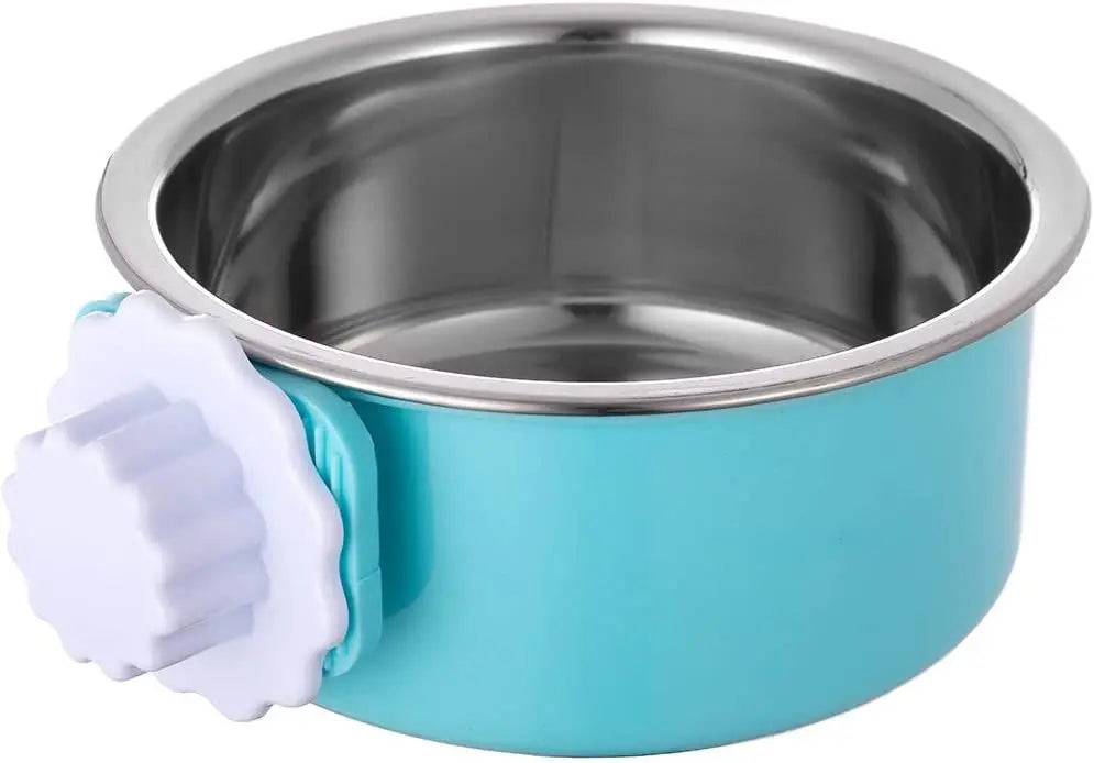 Blue crate dog bowl on a white background with its stainless steel inner bowl seated in the plastic holder and the white hexagon nut attached