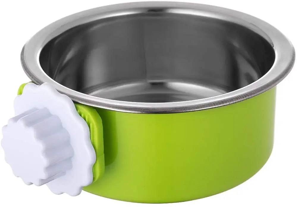 Green crate dog bowl on a white background with its stainless steel inner bowl seated in the plastic holder and the white hexagon nut attached