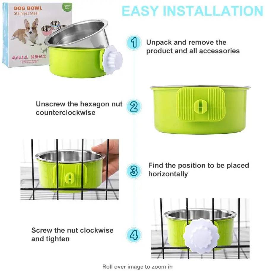 Easy installation guide in four steps: unpack the product and accessories, unscrew the hexagon nut counterclockwise, position the bowl horizontally on the cage wire, then screw the nut clockwise to tighten
