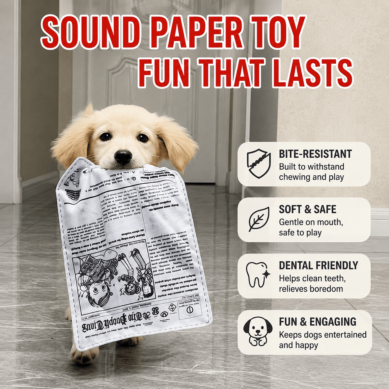Noblias crinkle newspaper dog toy with colorful paper and soft fabric exterior, designed for playful dogs.