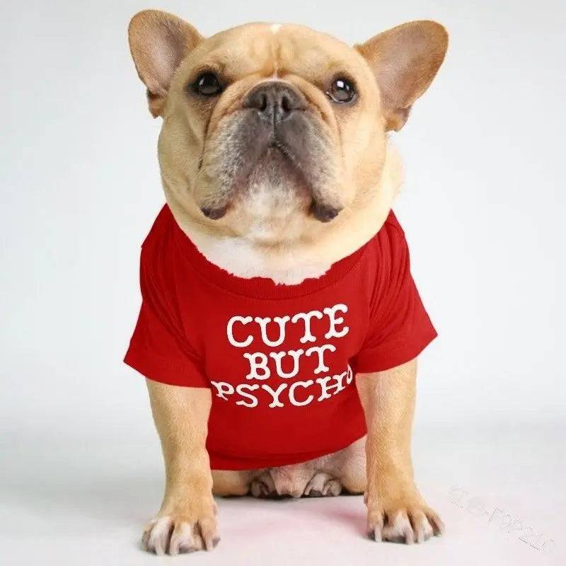 French Bulldog sitting in a red dog shirt printed with the slogan Cute But Psycho