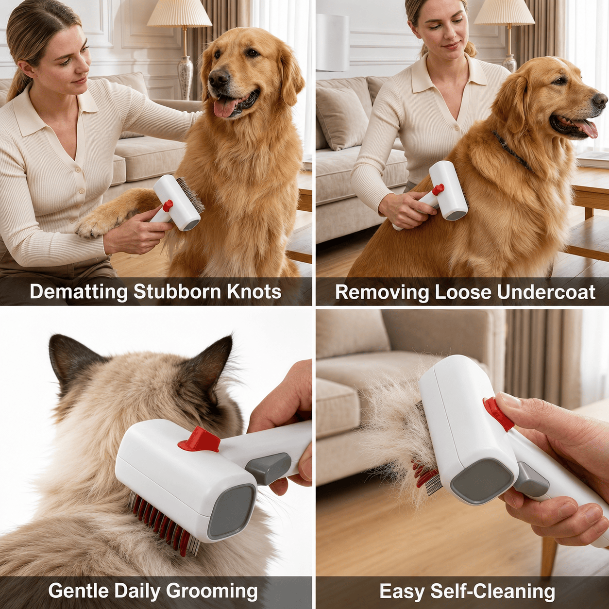 Noblias 2-in-1 pet grooming brush for dogs and cats showing a dual-sided brush with bristles and slicker pads for grooming.