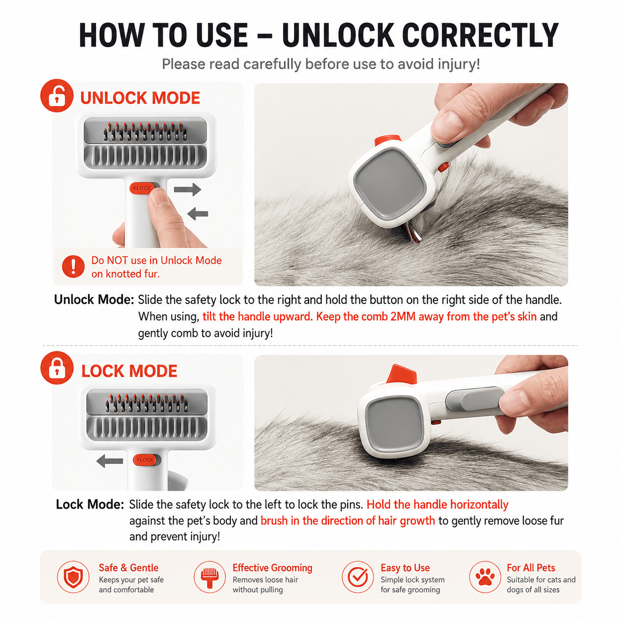 Noblias 2-in-1 pet grooming brush for dogs and cats with dual-sided design for brushing and de-shedding.