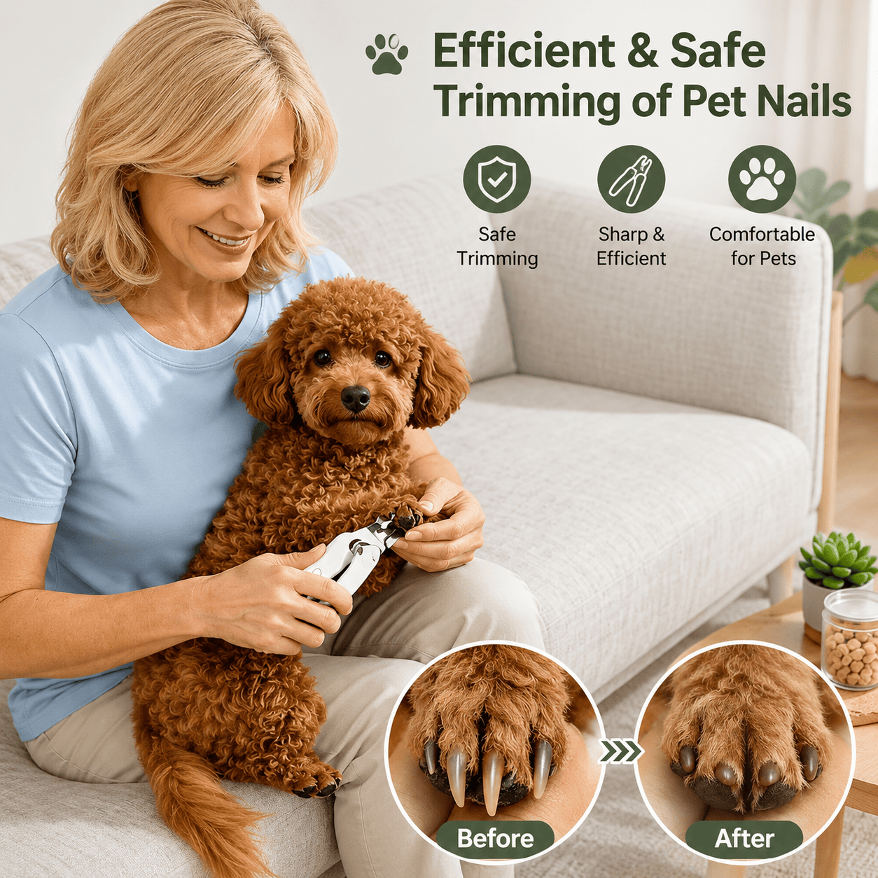 Noblias 2-in-1 pet nail trimmer and grinder with LED light, showing the device with a safety guard and illuminated grinding wheel.