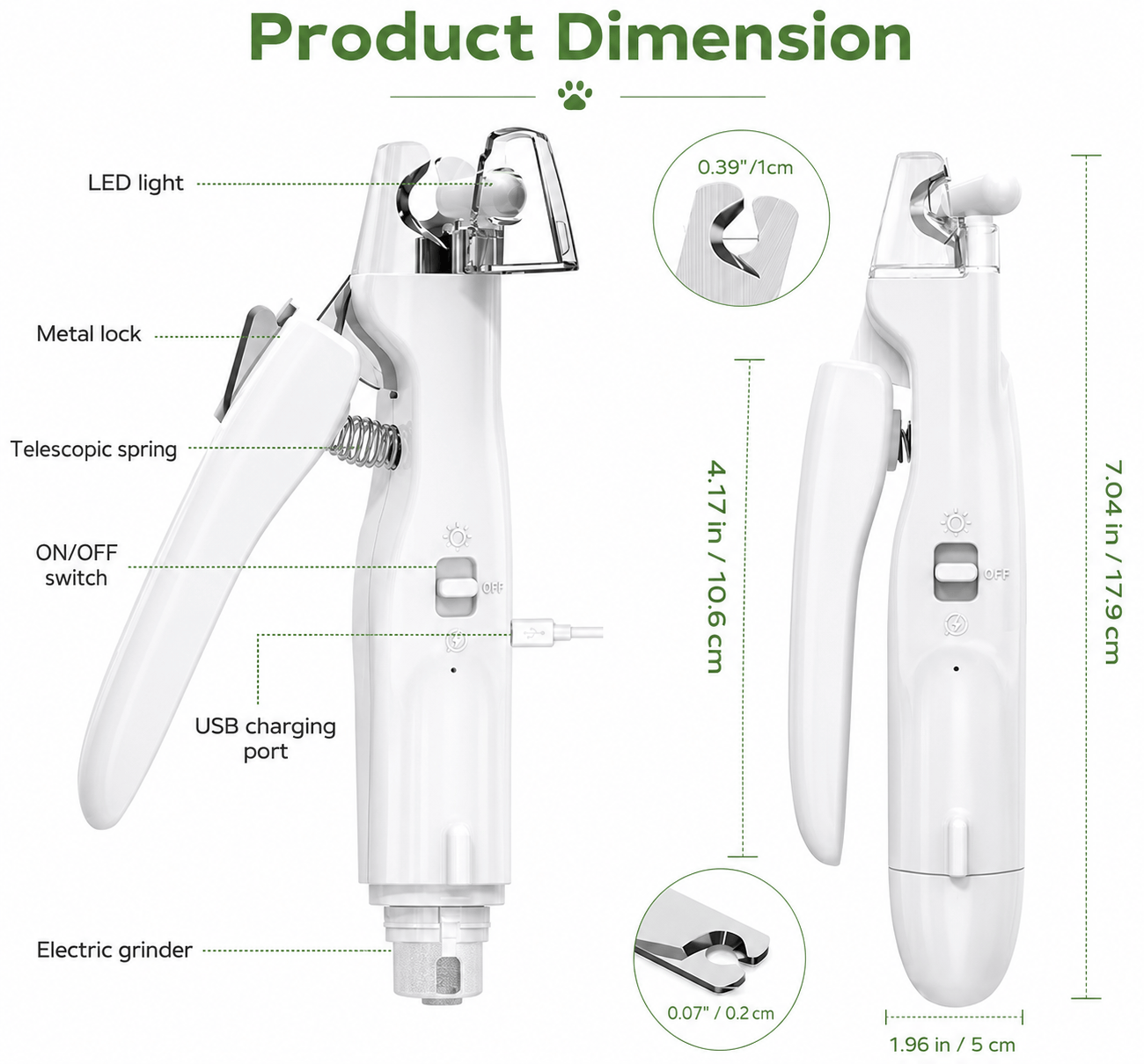 Noblias 2-in-1 pet nail trimmer and grinder with LED light, showing the device in use on a small dog's paw.