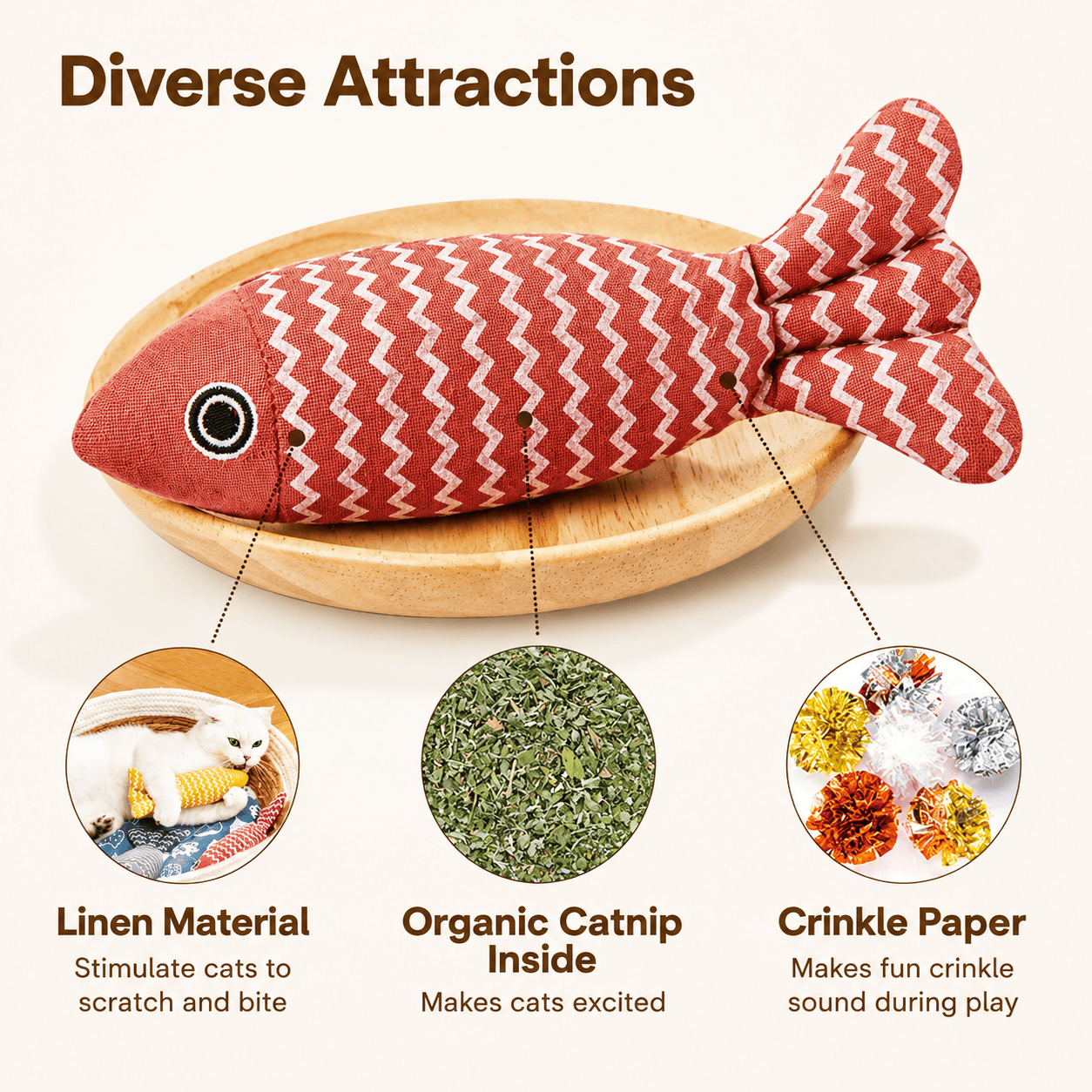 Set of three Noblias catnip fish toys with colorful fabric and plush design, perfect for entertaining cats.