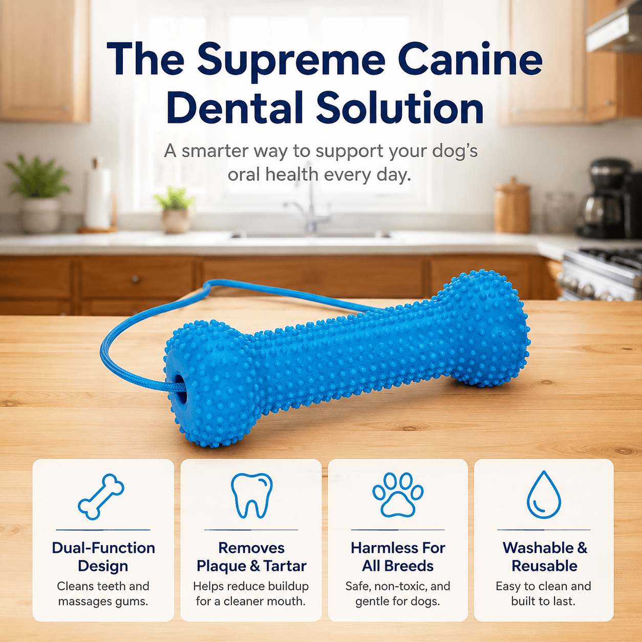 Noblias dog dental chew toy designed to make teeth brushing easier, with durable material and textured surface for cleaning.