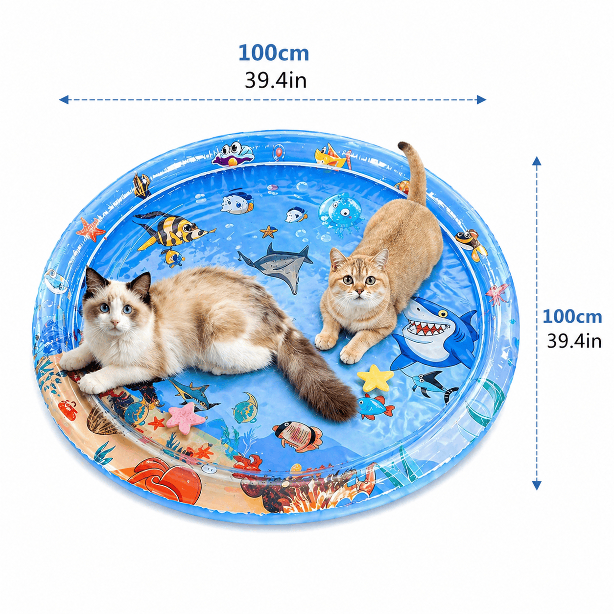 Noblias Interactive Cooling Water Play Mat for Cats showing a soft mat with floating toys and a curious cat engaging with it.