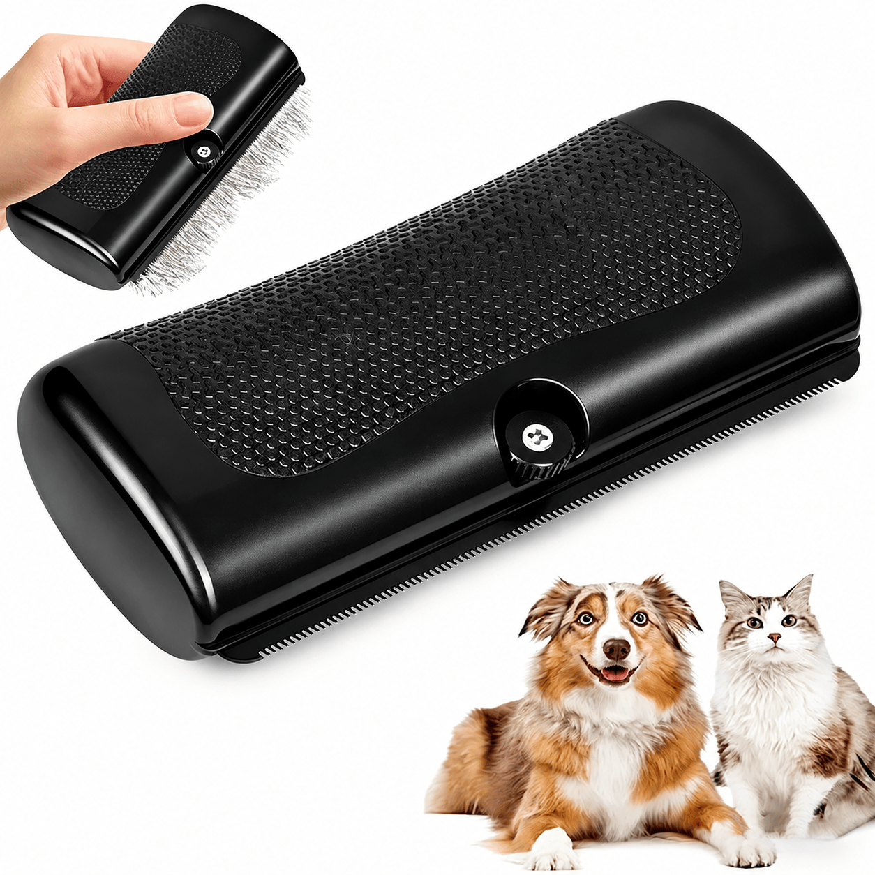 Noblias deshedding brush for dogs and cats showing a close-up of the brush with bristles designed to remove loose hair.