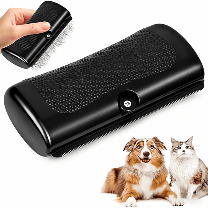 Noblias deshedding brush for dogs and cats showing a close-up of the brush with bristles designed to remove loose hair.