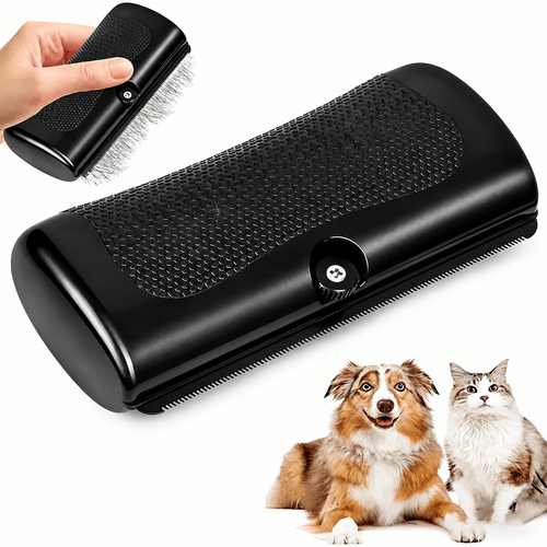 Noblias deshedding brush for dogs and cats showing a close-up of the brush with bristles designed to remove loose hair.