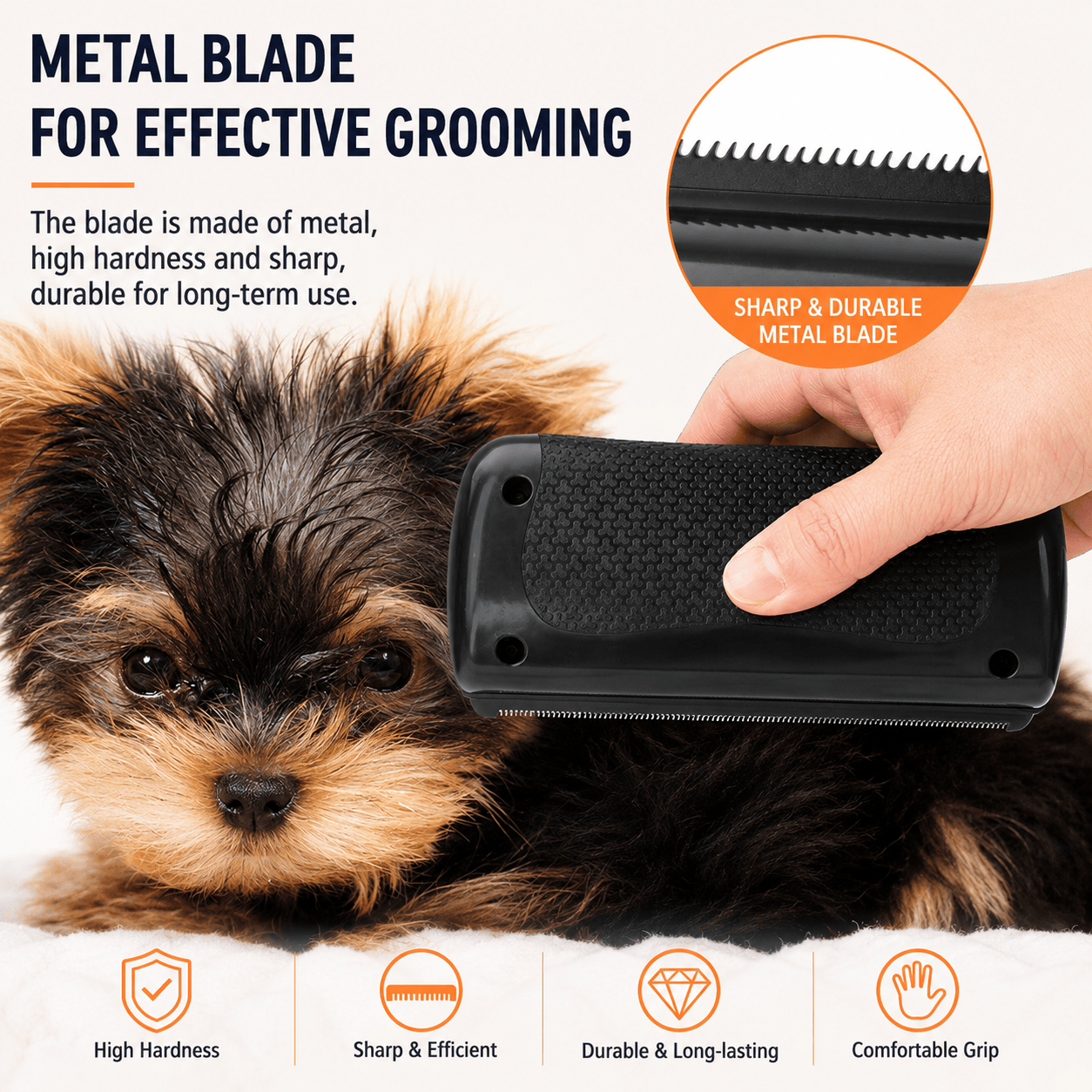 Noblias deshedding brush for dogs and cats with ergonomic handle, removing loose fur and reducing shedding effectively.
