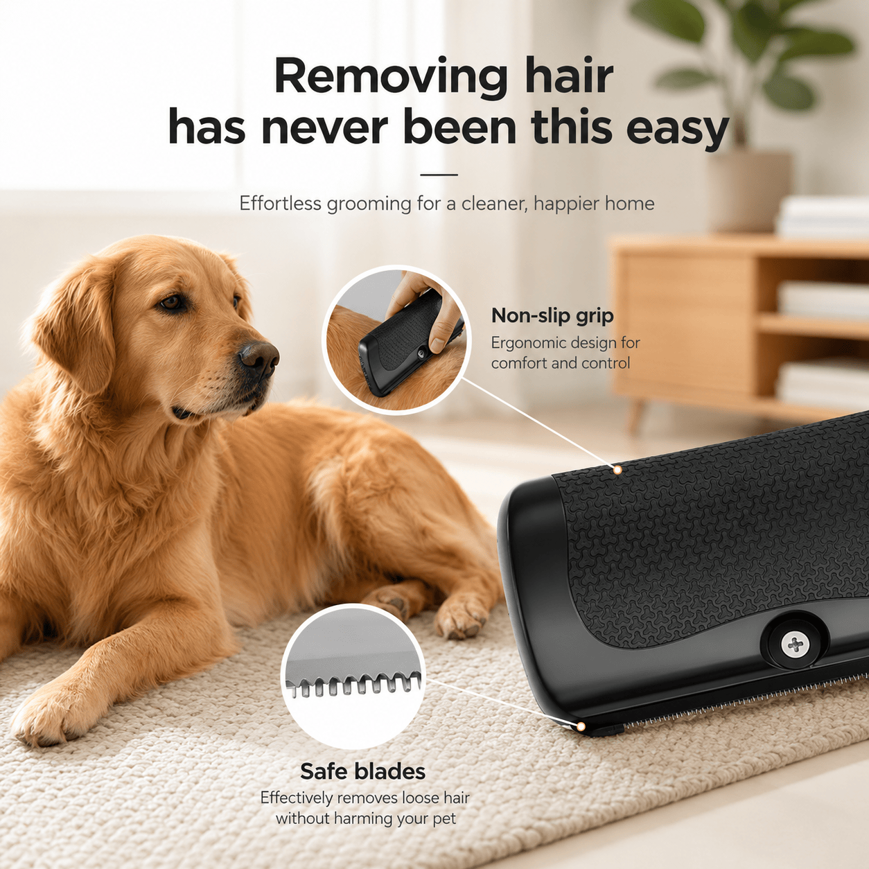 Noblias deshedding brush for dogs and cats with ergonomic handle and stainless steel shedding blades for pet grooming.