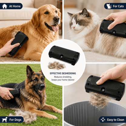 Noblias deshedding brush for dogs and cats with ergonomic handle and metal bristles for effective fur removal.