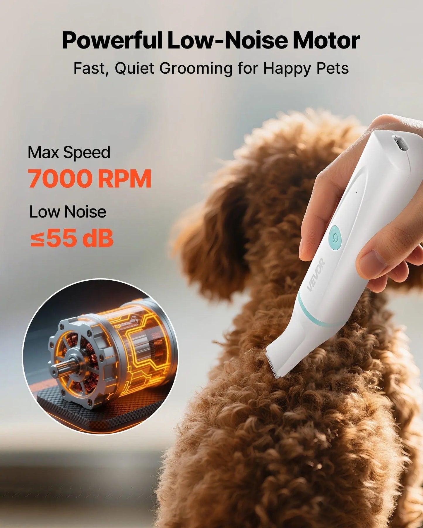 Cordless Noblias pet grooming kit with dog clippers and nail grinder, showing the clippers, grinder, and grooming accessories.