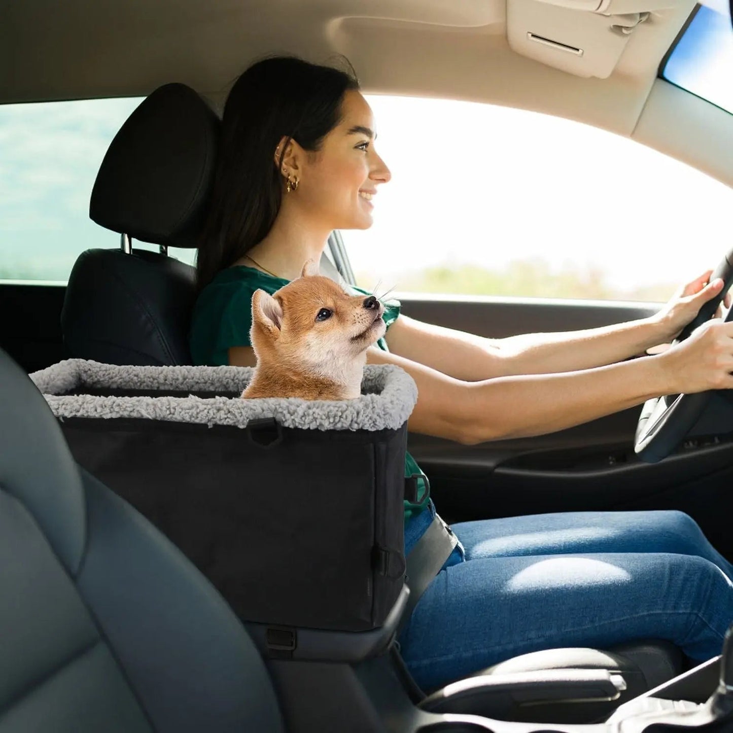Noblias small pet car seat, cozy console booster for dogs and cats, with soft padding and secure straps for safe travel.