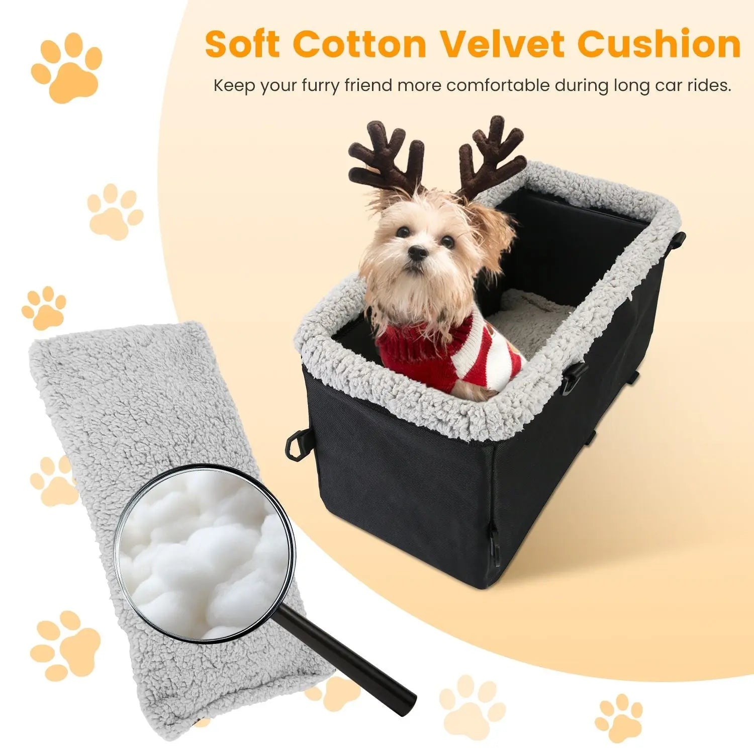 Small Noblias pet car seat, cozy console booster for dogs and cats, with cushioned interior and secure harness attachment.