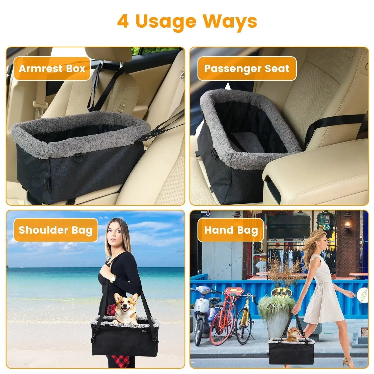 Small Noblias pet car seat, Cozy Console Booster for dogs and cats, with soft cushioning and secure straps for safe travel.