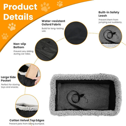 Small Noblias pet car seat, cozy console booster for dogs and cats, with soft padding and secure straps for traveling comfort.