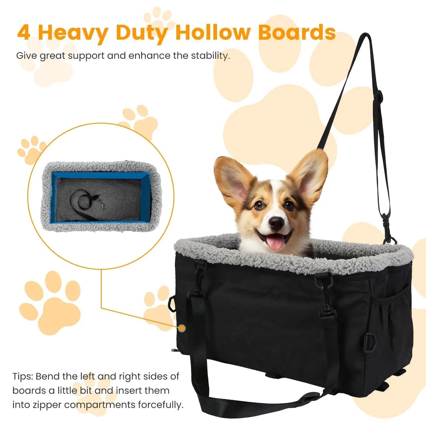 Noblias small pet car seat, cozy console booster for dogs and cats, with plush interior and secure seat belt attachment.