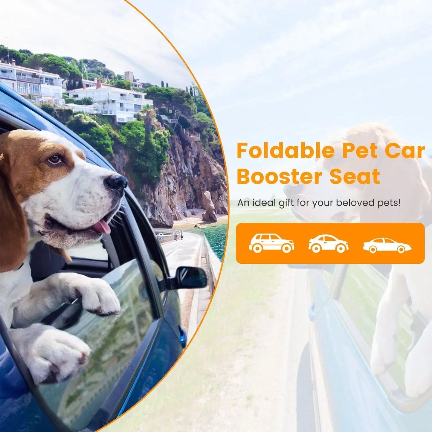 Noblias small pet car seat, cozy console booster for dogs and cats, with cushioned interior and secure harness attachment.