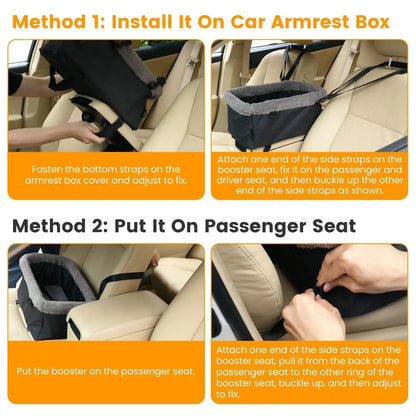 Small Noblias Pet Car Seat, cozy console booster for dogs and cats, with padded interior and secure straps for travel comfort.