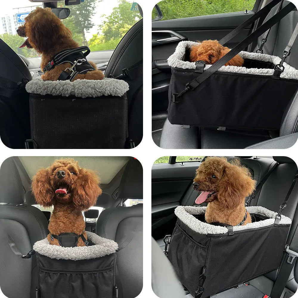 Small Noblias pet car seat with cozy console booster for dogs and cats, providing a comfortable and secure ride.
