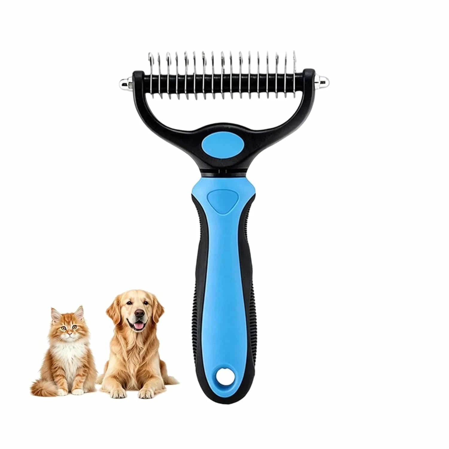 Blue Noblias double-sided dematting comb for dogs and cats, featuring ergonomic design for effective fur removal and grooming.