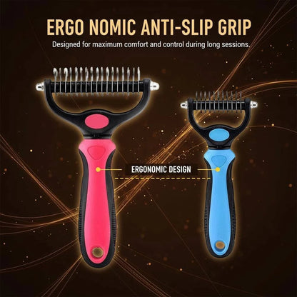 Blue Noblias dematting comb for dogs and cats, double-sided deshedding tool with ergonomic handle for grooming and detangling pets.