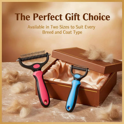 Blue Noblias dematting comb for dogs and cats, double-sided deshedding dog brush and dematting tool for pets.