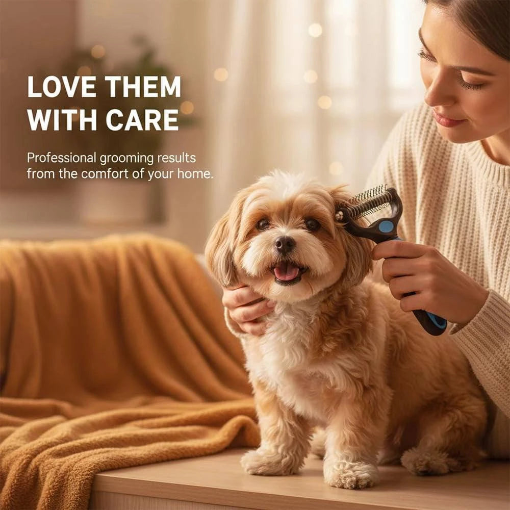 Blue Noblias dematting comb with double-sided design for dogs and cats, used for deshedding and detangling pet fur.