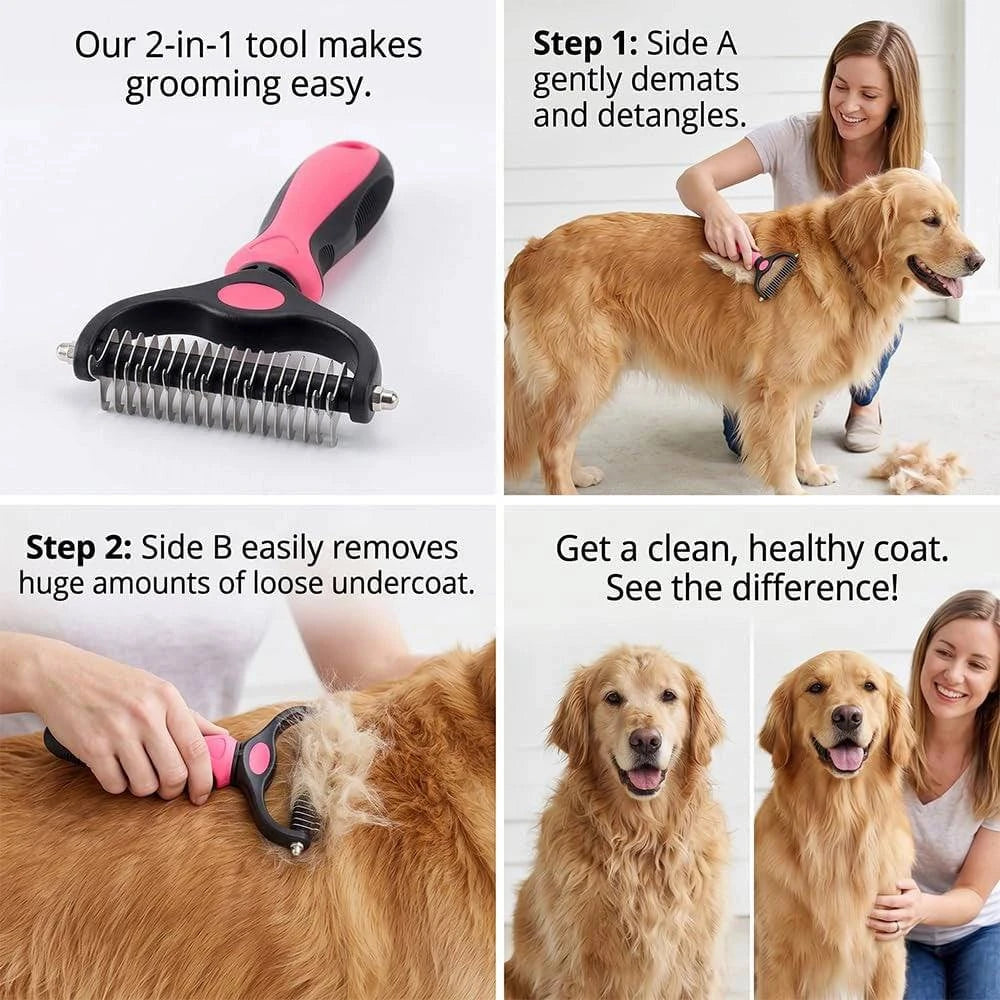 Blue Noblias dematting comb for dogs and cats, double-sided deshedding tool with fine and coarse teeth for grooming and detangling.