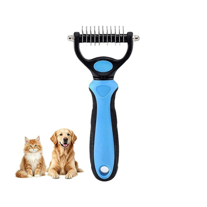 Blue Noblias dematting comb for dogs and cats, double-sided deshedding brush and dematting tool for grooming pets.